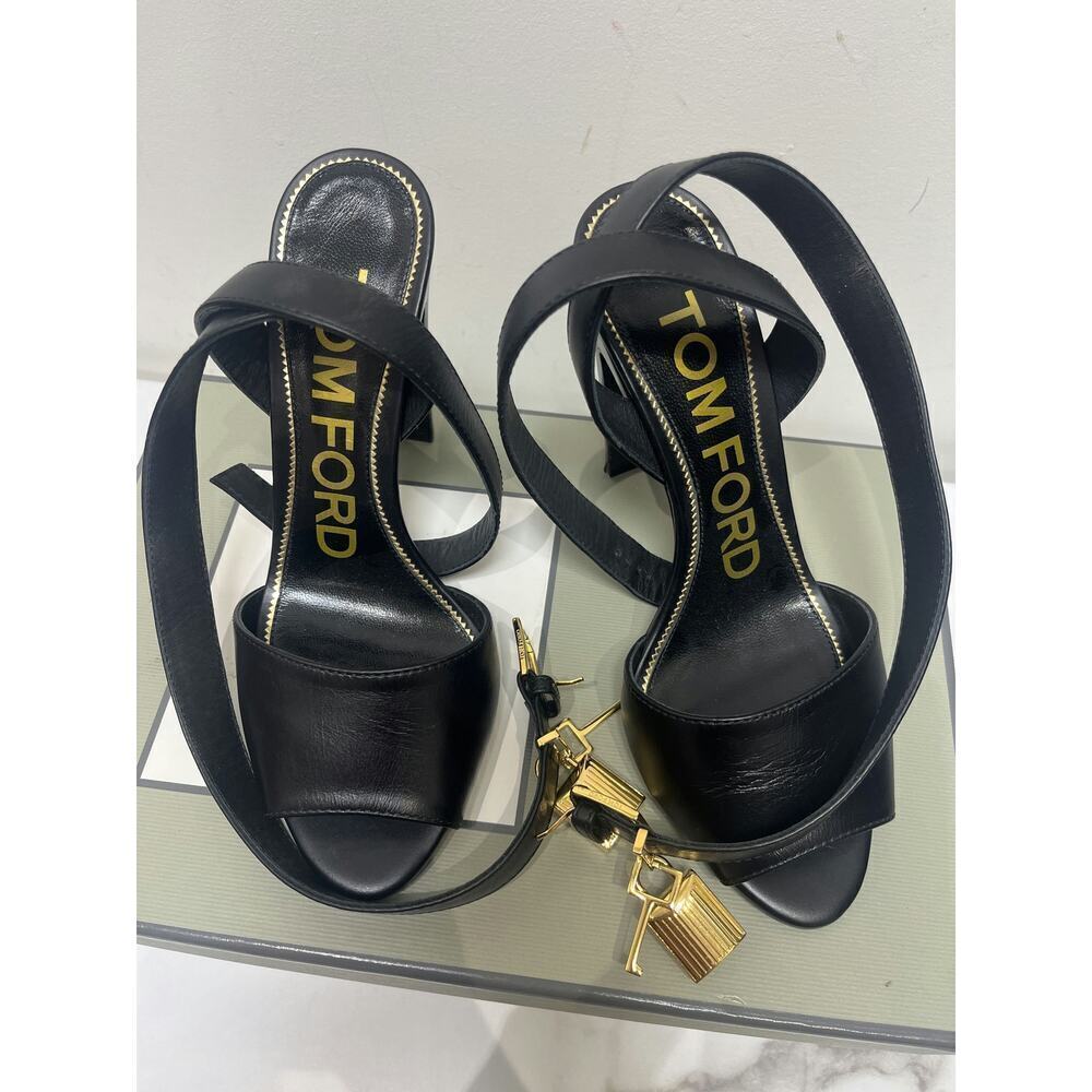 Tom Ford Black Leather Sandal Heels with Gold Padlock - Size 36